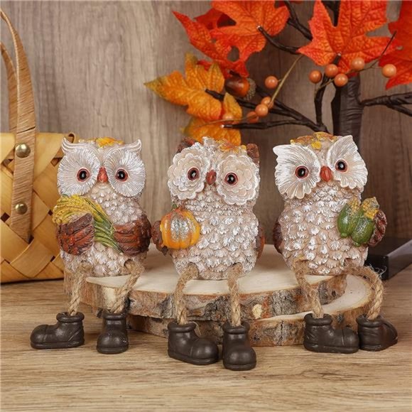 Set of 3 Thanksgiving Figurines, Resin Owl Shelf Sitters with Dangling Legs - Picture 2 of 8